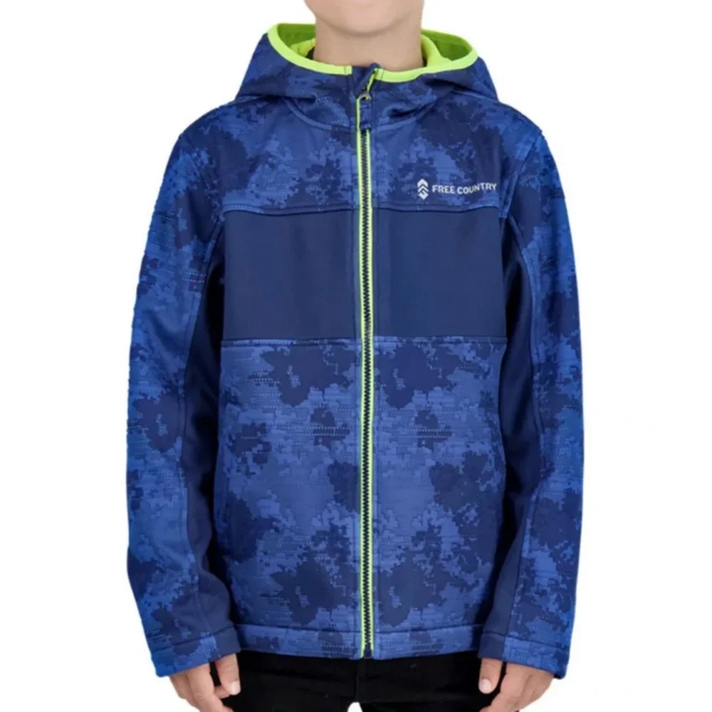 Boys Free Country Waterproof Blue Camo Zippered Hooded Jacket 14/16